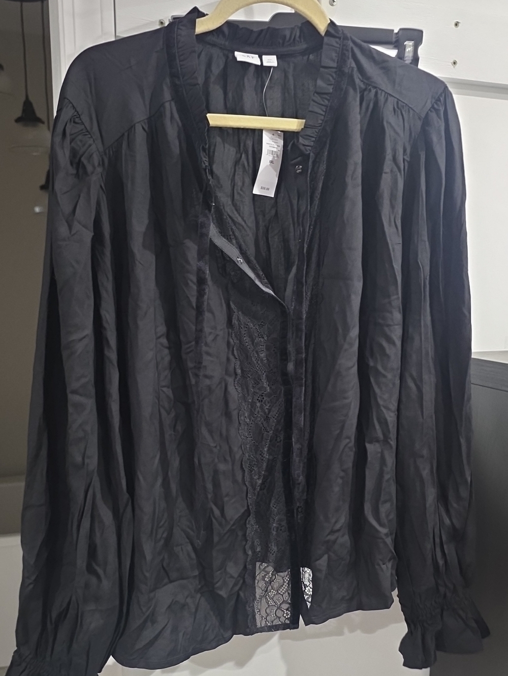 Gap-Black Lace Trim Button-Up Blouse